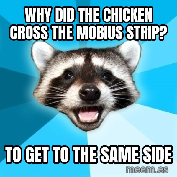 Lame Pun Coon meme: Why Did the chicken cross the mobius strip? / To get to the same side