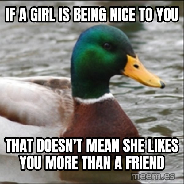 Actual Advice Mallard 1 meme: If a girl is being nice to you / That doesn't mean she likes you more than a friend