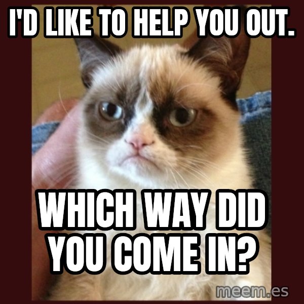 Grumpy Cat  meme: I'd like to help you out. / Which way did you come in?