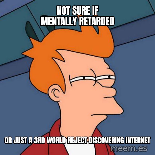 Futurama Fry meme: NOT SURE IF MENTALLY RETARDED / OR JUST A 3RD WORLD REJECT  DISCOVERING INTERNET