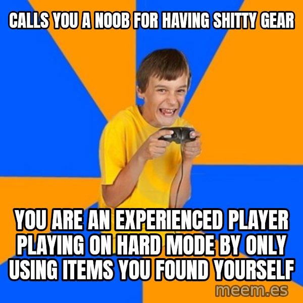 Annoying Gamer Kid meme: calls you a noob for having shitty gear / you are an experienced player playing on hard mode by only using items you found yourself