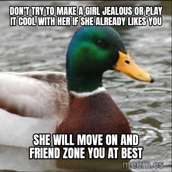 Actual Advice Mallard 1 meme: Don't try to make a girl jealous or play it cool with her if she already likes you / she will move on and friend zone you at best