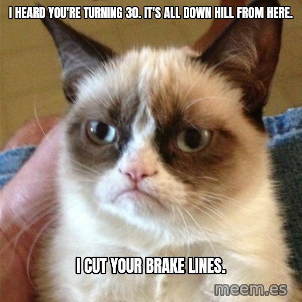 Grumpy Cat  meme: I heard you're turning 30. It's all down hill from here. / i cut your brake lines.