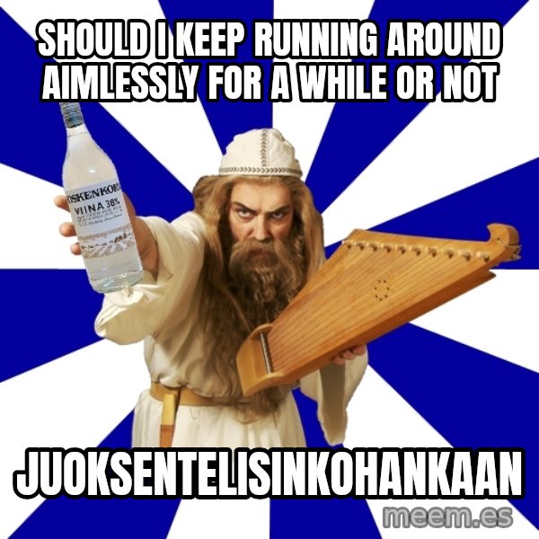 FinnishProblems meme: Should i keep running around aimlessly for a while or not / Juoksentelisinkohankaan