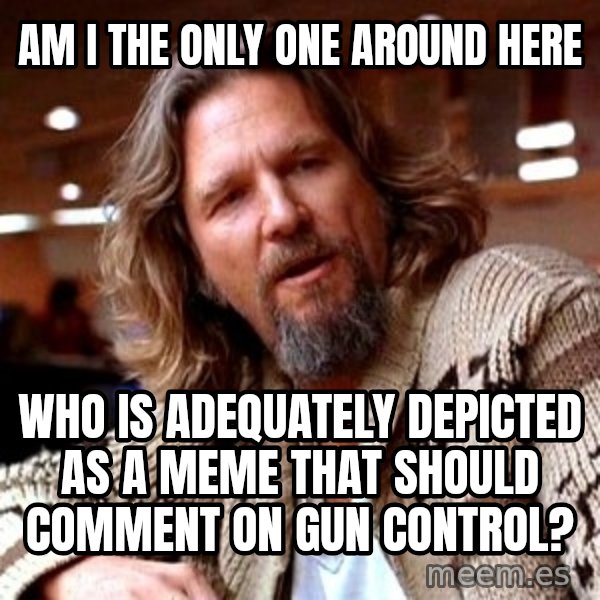 Big Lebowski meme: AM I THE ONLY ONE AROUND HERE / who is adequately depicted as a meme that should comment on gun control?