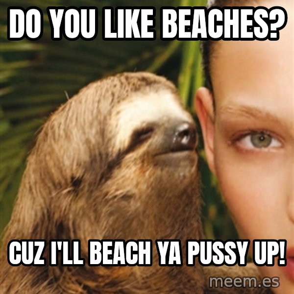 The Rape Sloth meme: Do you like Beaches? / Cuz i'll beacH ya pussy up!