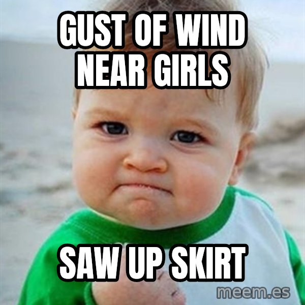 Victory Baby meme: gust of wind near girls / saw up skirt
