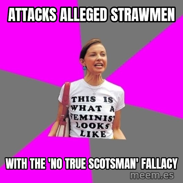 Feminist Cunt meme: attacks ALLEGED strawmen / with the 'no true scotsman' fallacy