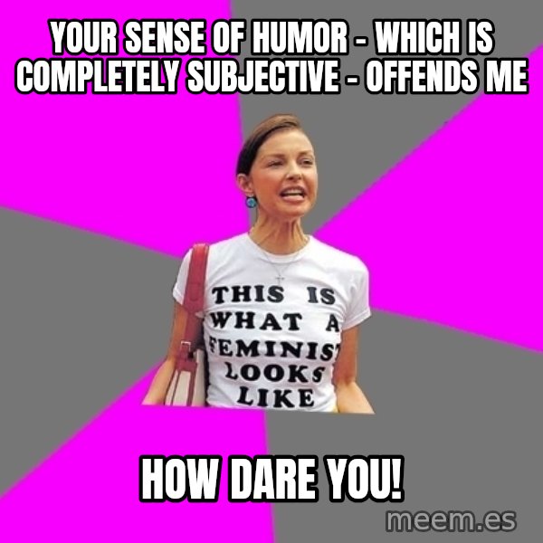 Feminist Cunt meme: your sense of humor - which is completely subjective - offends me / how dare you!