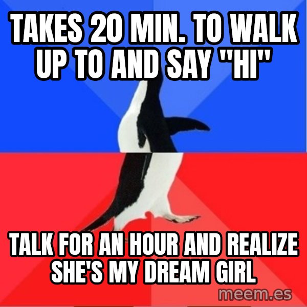 Socially Awesome Awkward Penguin meme: Takes 20 min. To walk up to and Say "Hi" / Talk for an hour and REalize she's my dream girl