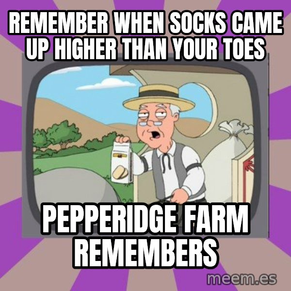 Pepperidge Farm Remembers FG meme: remember when socks came up higher than your toes / pepperidge farm remembers