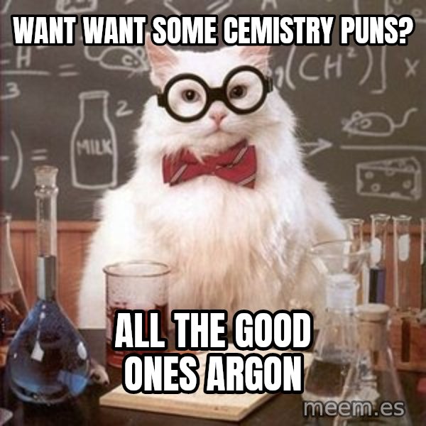 Chemistry Cat meme: want want some cemistry puns? / all the good ones argon