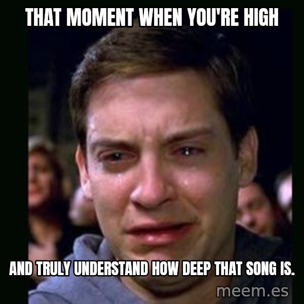 crying peter parker meme: That moment when you're high / and truly understand how deep that song is.
