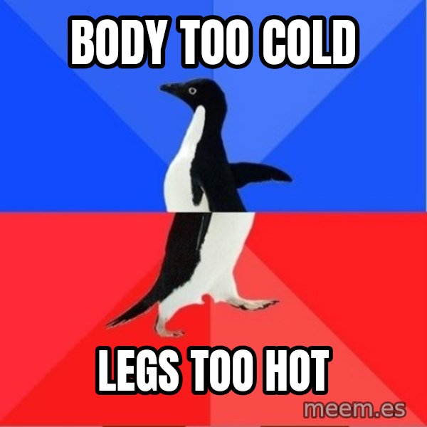 Socially Awkward to Awesome Penguin meme: Body too cold / legs too hot