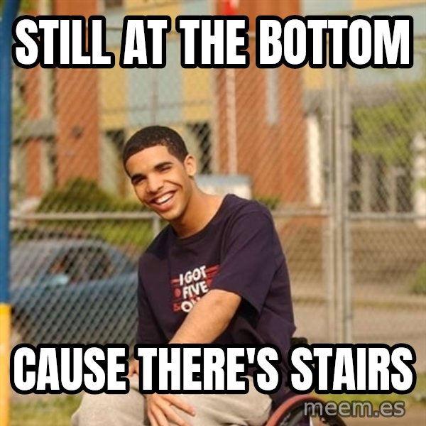 Drake Wheelchair meme: Still At the bottom / Cause there's stairs
