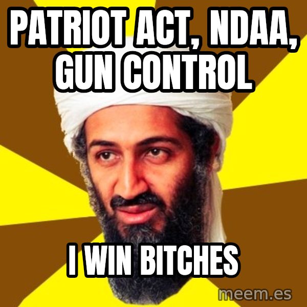 Osama meme: PAtriot Act, NDAA, GUN CONTROL / I WIN BITCHES