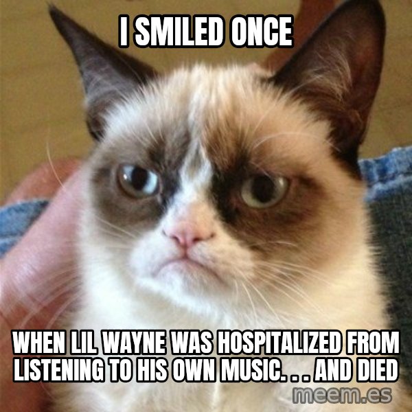 Grumpy Cat  meme: I smiled ONCE / when LIL WAYNE was HOSPITALized FROM LISTENING TO HIS OWN MUSIC. . . and died