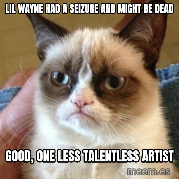 Grumpy Cat  meme: lil wayne had a seizure and might be dead / good, one less talentless artist