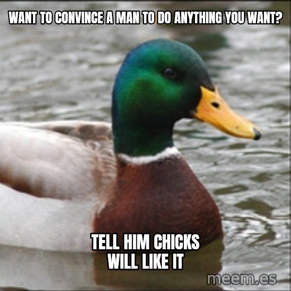 Actual Advice Mallard 1 meme: Want to convince a man to do anything you want? / Tell him chicks will like it