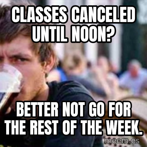 The Lazy College Senior meme: Classes canceled until noon? / better not go for the rest of the week.