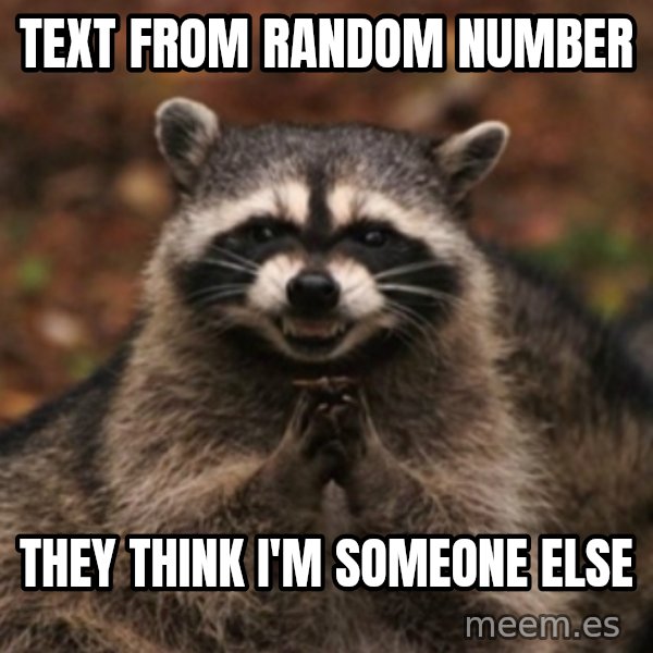 evil raccoon meme: text from random number / they think i'm someone else