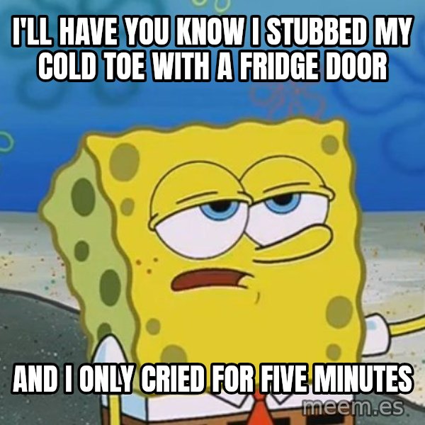 I'll have you know Spongebob meme: I'll have you know i stubbed my cold toe with a fridge door / and i only cried for five minutes