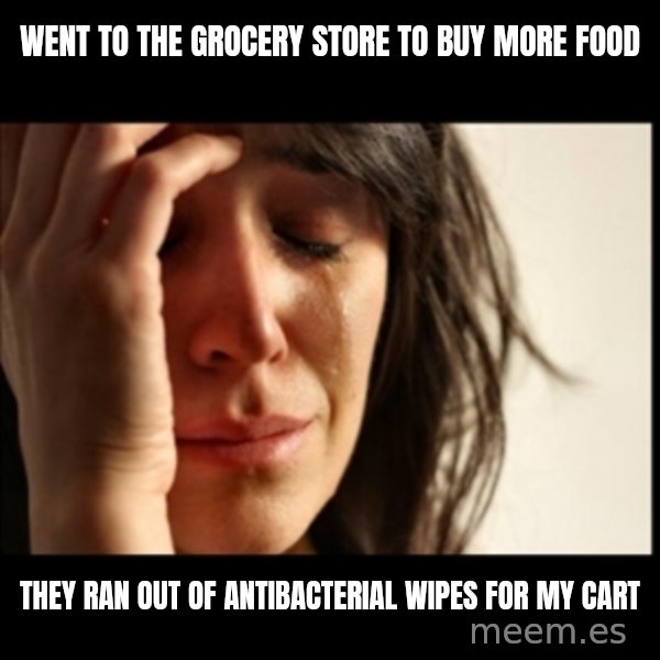 First World Problems meme: WENT TO THE GROCERY STORE TO BUY MORE FOOD / THEY RAN OUT OF ANTIBACTERIAL WIPES FOR MY CART