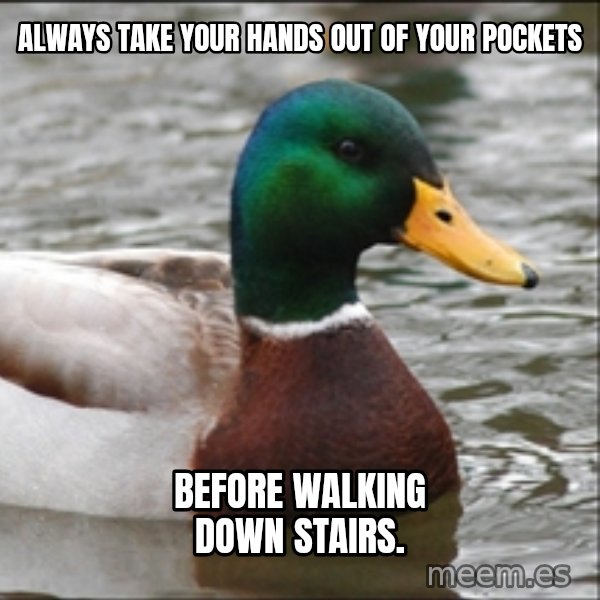 Actual Advice Mallard 1 meme: Always take your hands out of your pockets / before walking down stairs.