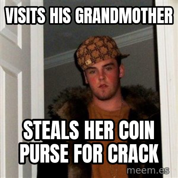 Scumbag Steve meme: Visits his Grandmother / Steals her coin purse for crack