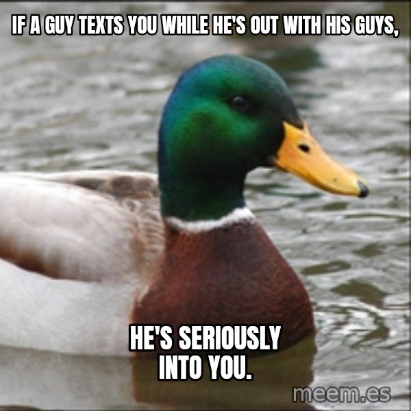 Actual Advice Mallard 1 meme: If a guy texts you while he's out with his guys, / He's seriously into you.