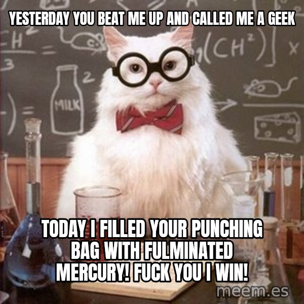 Chemistry Cat meme: yesterday you beat me up and called me a geek / today I filled your punching bag with fulminated mercury! fuck you I win!