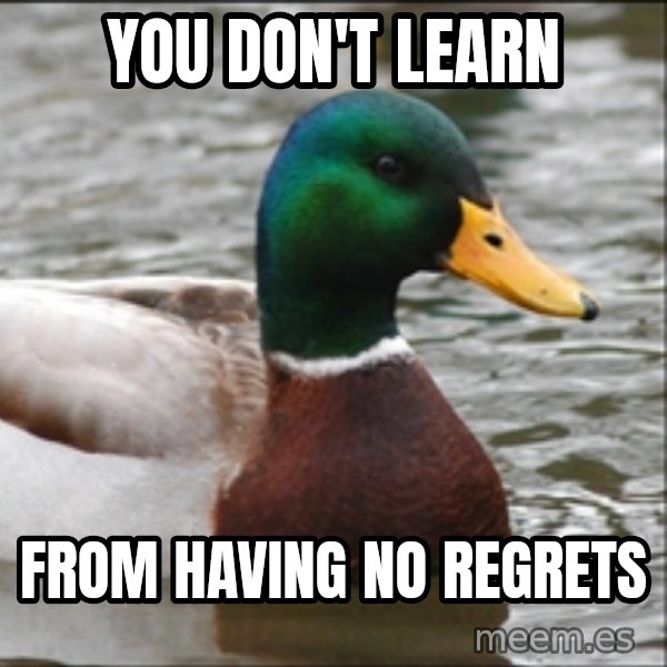 Actual Advice Mallard 1 meme: you don't learn / from having no regrets