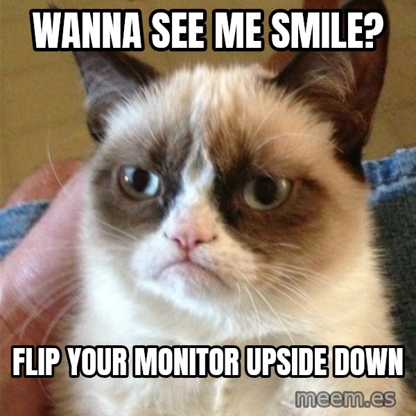 Grumpy Cat  meme: wanna see me smile? / flip your monitor upside down