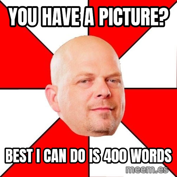 Pawn Stars meme: YOU HAVE A PICTURE? / BEST I CAN DO IS 400 WORDS