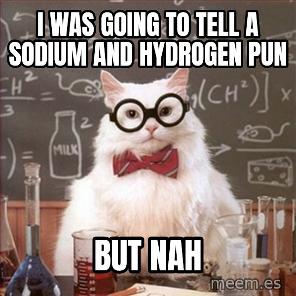 Science Cat meme: I WAS GOING TO TELL A SODIUM AND HYDROGEN PUN / BUT NAH