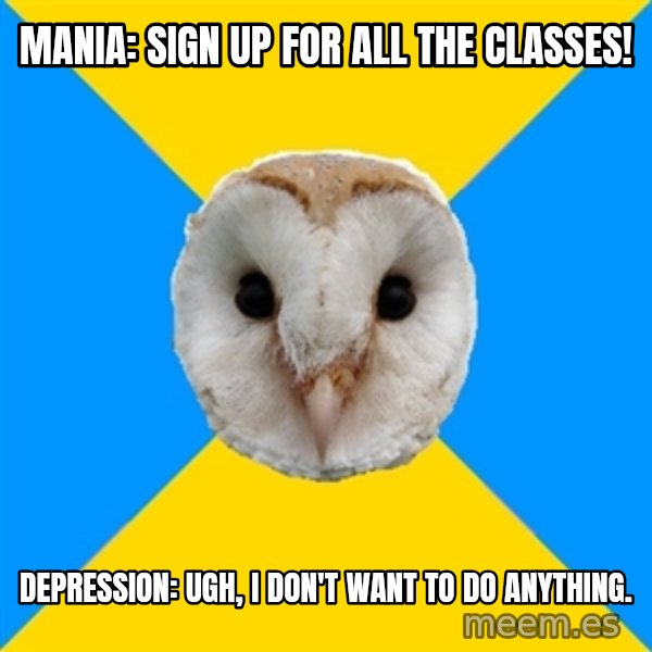 Bipolar Owl meme: Mania: Sign Up for all the Classes! / Depression: Ugh, I don't want to do anything.