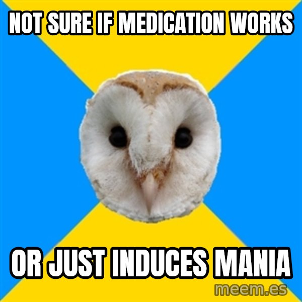 Bipolar Owl meme: not sure if medication works / or just induces mania