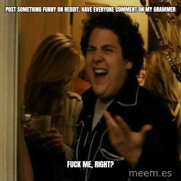 Fuck me right meme: Post something funny on Reddit, Have everyone comment on my grammer / Fuck me, Right?