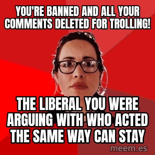 Liberal Douche Garofalo meme: you're banned and all your comments deleted for trolling! / the liberal you were arguing with who acted the same way can stay
