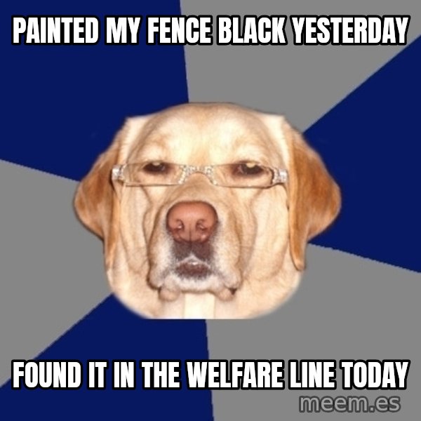 Racist Dawg meme: Painted my fence black yesterday / found it in the welfare line today