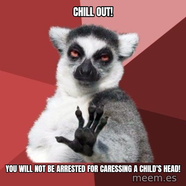 Chill Out Lemur meme: chill out! / you will not be arrested for caressing a child's head!