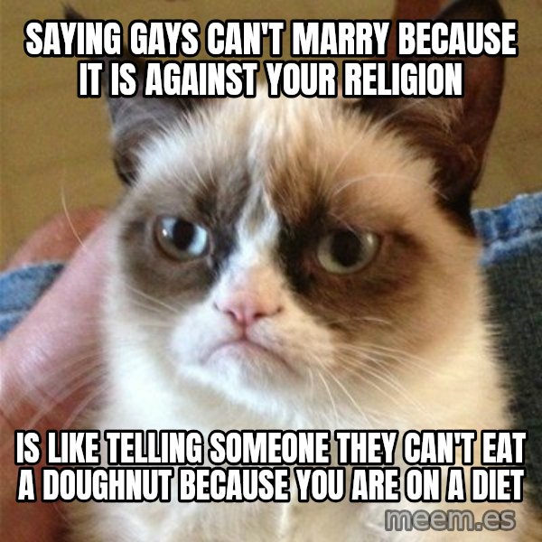 Grumpy Cat  meme: saying gays can't marry because it is against your religion / is like telling someone they can't eat a doughnut because you are on a diet