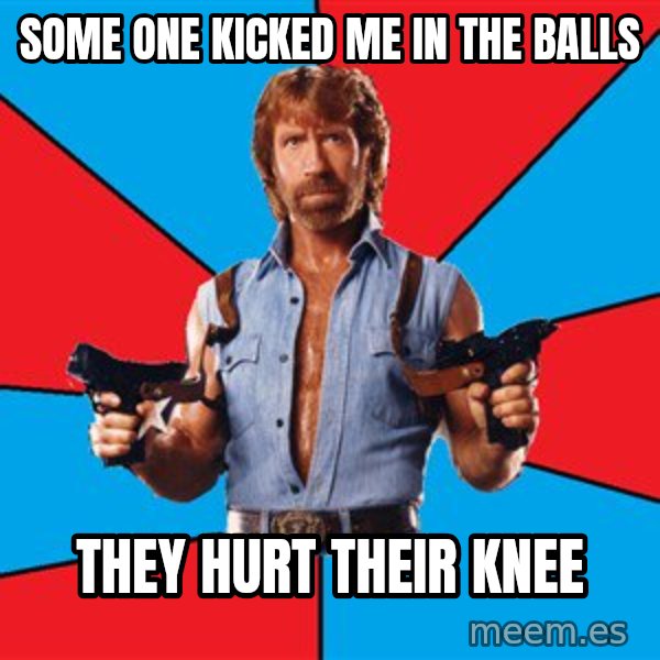 Chuck Norris  meme: some one kicked me in the balls / they hurt their knee