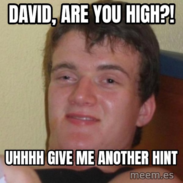 Really Stoned Guy meme: david, are you high?! / UHHHH GIVE ME ANOTHER HINT