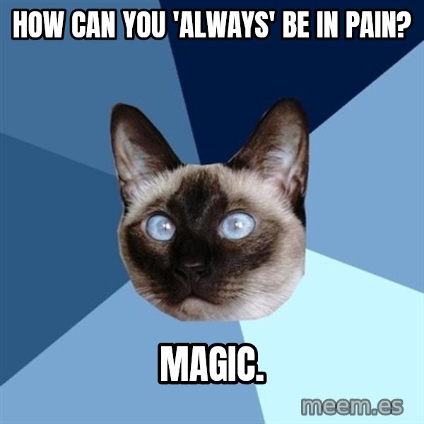 Chronic Illness Cat meme: How can you 'always' be in pain? / Magic.