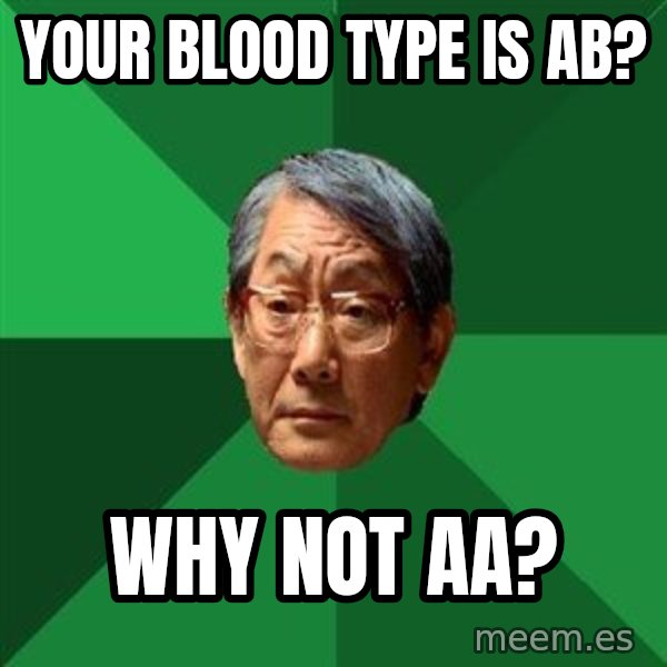 High Expectations Asian Father meme: Your blood type is ab? / Why not aa?