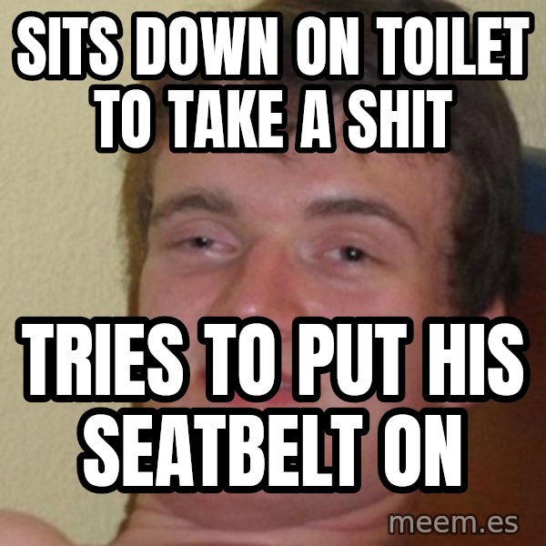 Really Stoned Guy meme: sits down on toilet to take a shit / tries to put his seatbelt on
