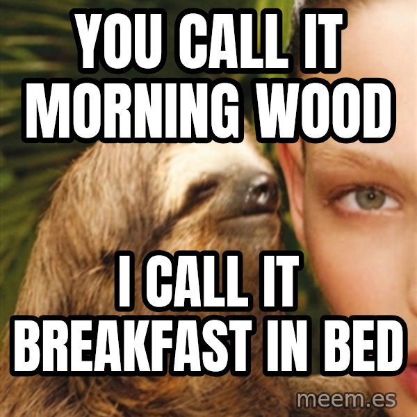 The Rape Sloth meme: You call it morning wood / I call it breakfast in bed