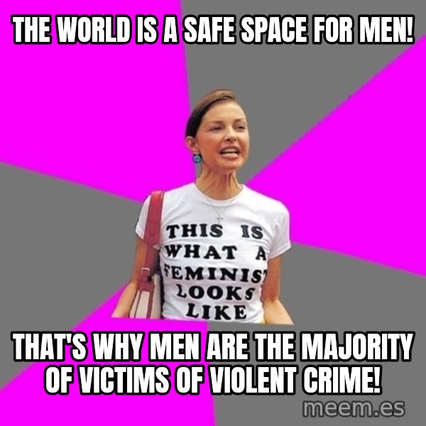 Feminist Cunt meme: the world is a safe space for men! / THAT'S WHY MEN ARE THE MAJORITY OF VICTIMS OF VIOLENT CRIME!