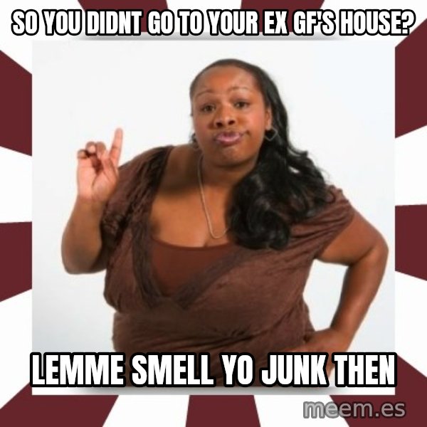 Sassy Black Woman meme: so you didnt go to your ex gf's house? / lemme  smell yo junk then